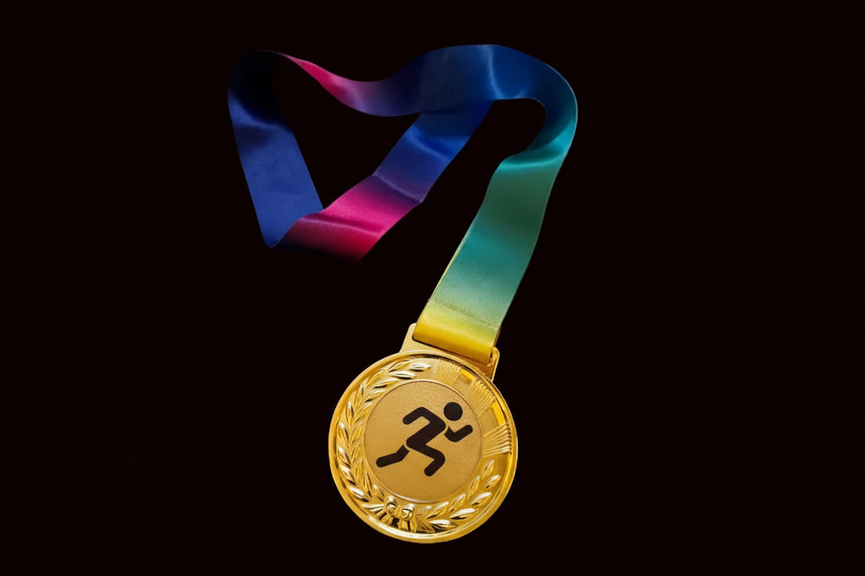 Gold medal with a colorful ribbon on a dark surface